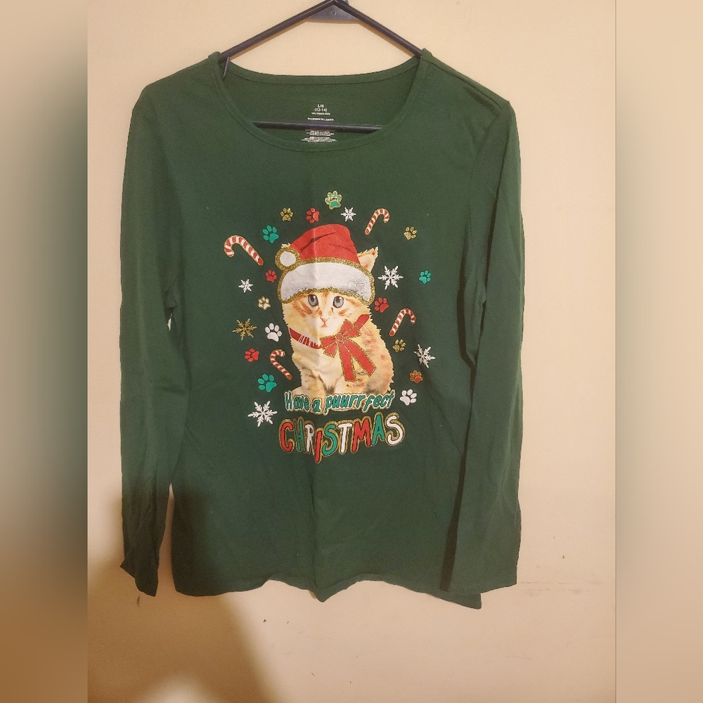Christmas cat green long sleeve t size large